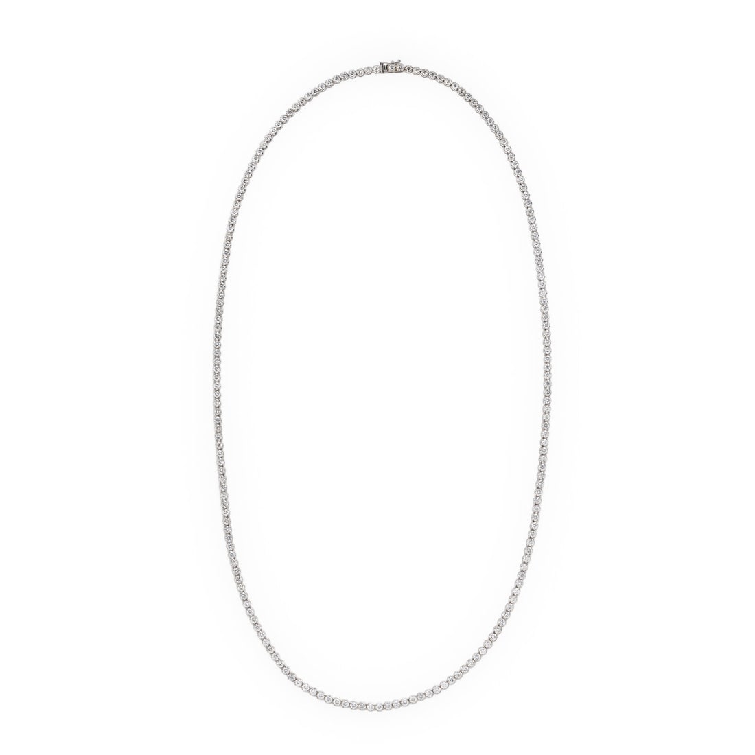 Diamond and White Gold Line Necklace: Diamond and White Gold Line Necklace Featuring round brilliant cut diamonds weighing approximately 20.20 carats. Mounted in 18 karat white gold. 31 1/2 inches long. Stamp: 750. Gross weight: 26.90 dwt