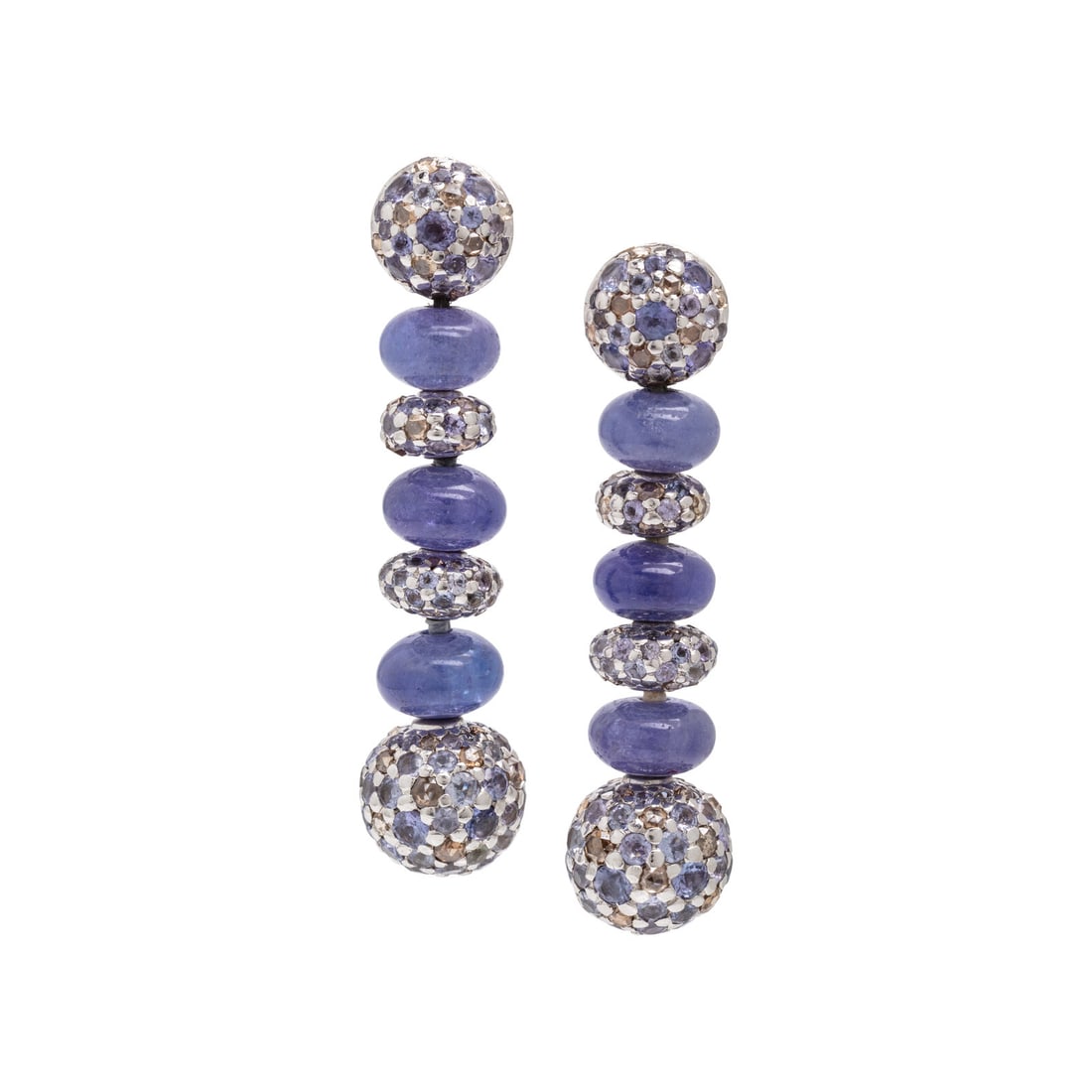 Tanzanite, Diamond, and White Gold Bead Earrings: Tanzanite, Diamond, and White Gold Bead Earrings Featuring white gold beads set with round tanzanite and rose cut brown diamonds (origin of color not tested) alternating with tanzanite beads. Mounted 