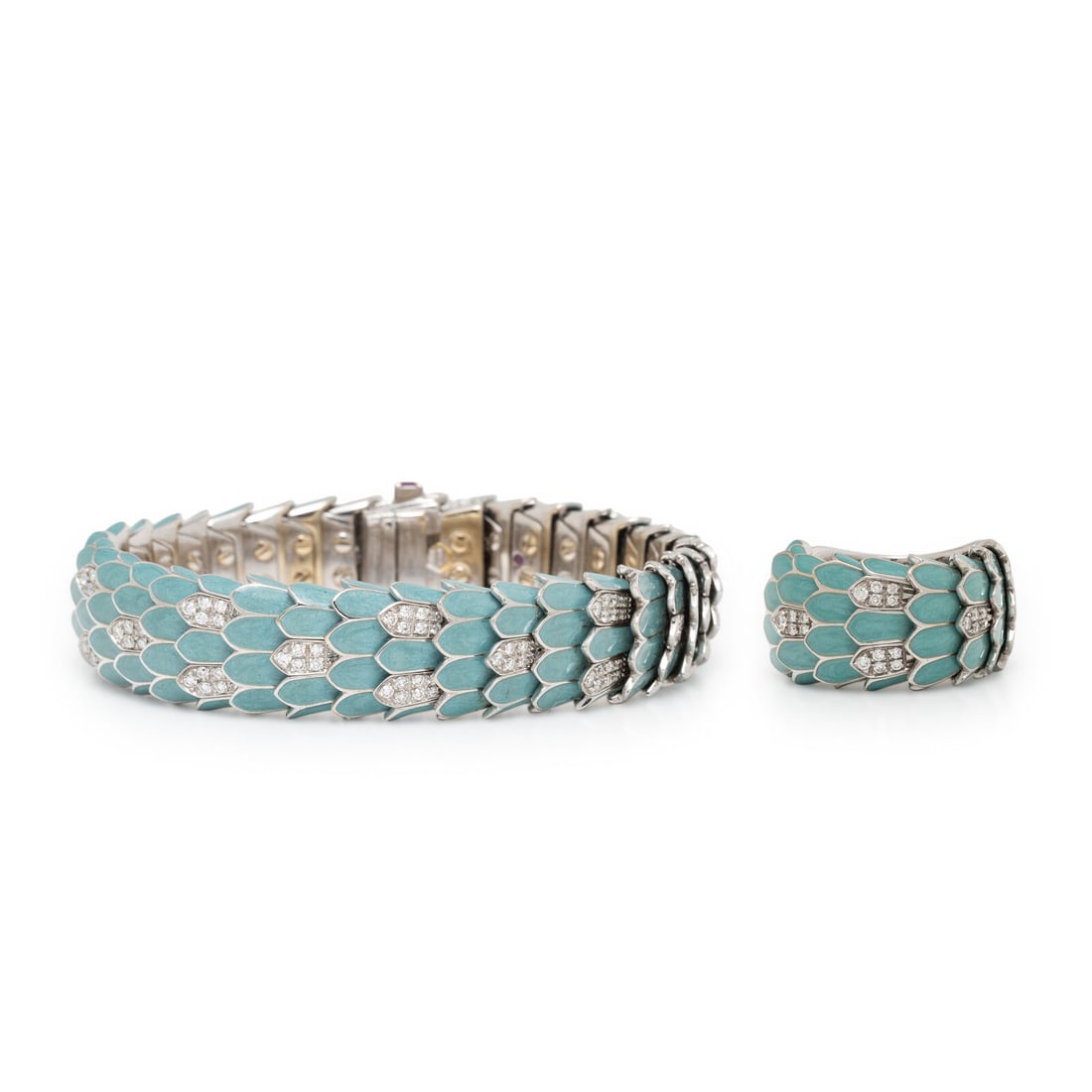 Roberto Coin, Enamel, Diamond, and White Gold 'Animalier' Bracelet and Ring: Roberto Coin, Enamel, Diamond, and White Gold 'Animalier' Bracelet and Ring Including a bracelet and a ring, each in a flexible link, snake-scale motif design set with teal enamel, the bracelet set wi
