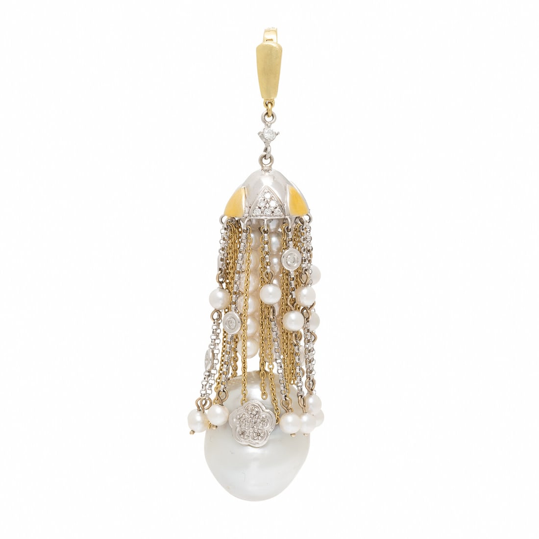 Sazingg, Cultured Pearl, Diamond, and Bicolor Gold Tassel Pendant: Sazingg, Cultured Pearl, Diamond, and Bicolor Gold Tassel Pendant In a tassel design, with cultured pearls, round brilliant cut diamonds weighing approximately 0.75 carat total, and a baroque cultured
