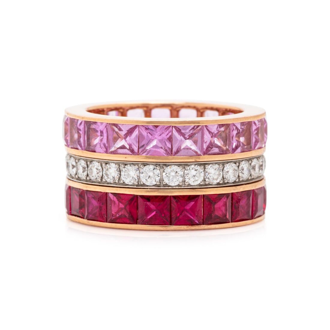 Robert Procop, Pink Sapphire, Diamond, Ruby, and Rose Gold Eternity Ring: Robert Procop, Pink Sapphire, Diamond, Ruby, and Rose Gold Eternity Ring Channel set with rows of square pink sapphires weighing approximately 4.29 carats total, round brilliant cut diamonds weighing 