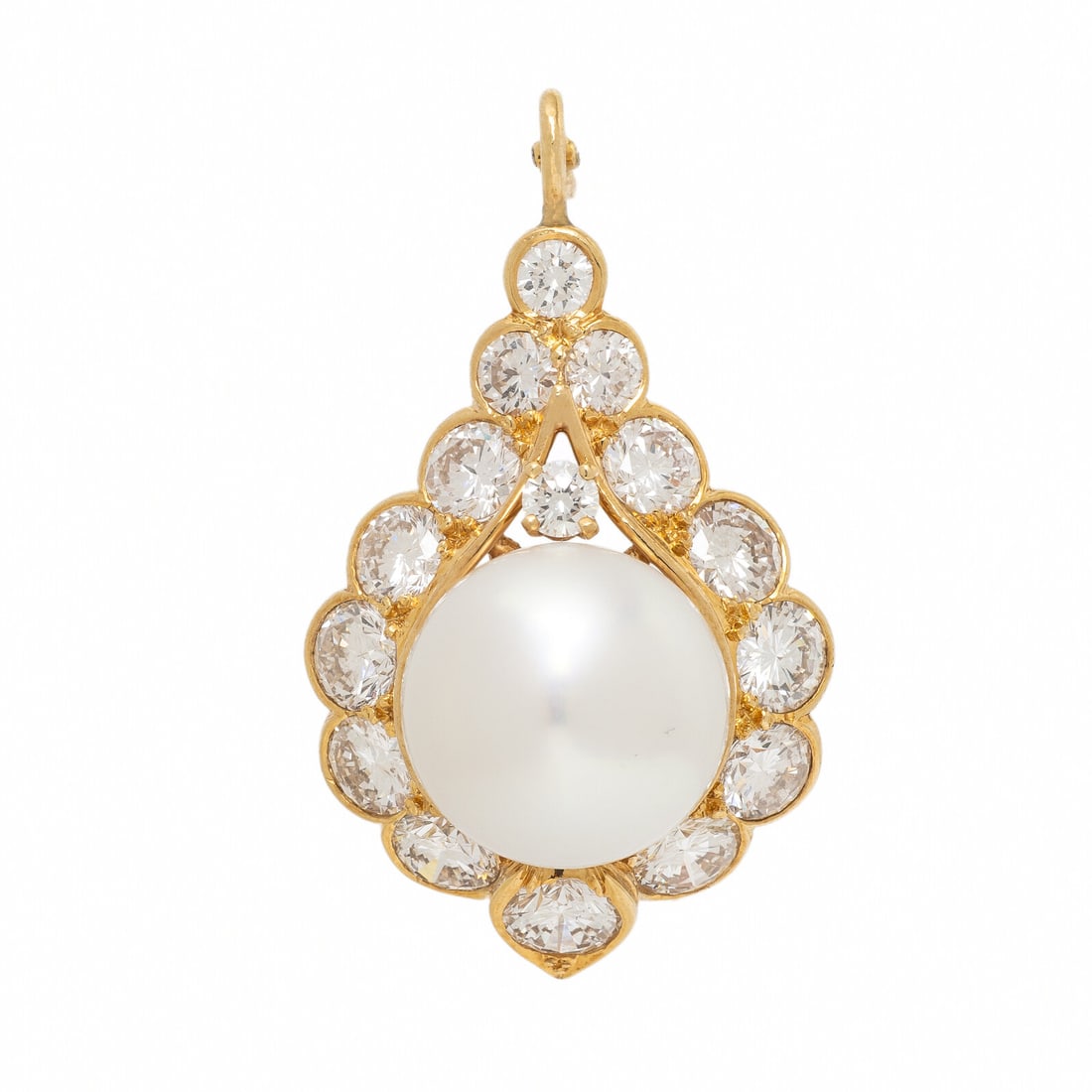 Van Cleef and Arpels, Diamond, Cultured Pearl, and Yellow Gold Pendant: Van Cleef and Arpels, Diamond, Cultured Pearl, and Yellow Gold Pendant Designed as a teardrop motif, centering a cultured pearl measuring approximately 14.10 mm, framed by round brilliant cut diamonds