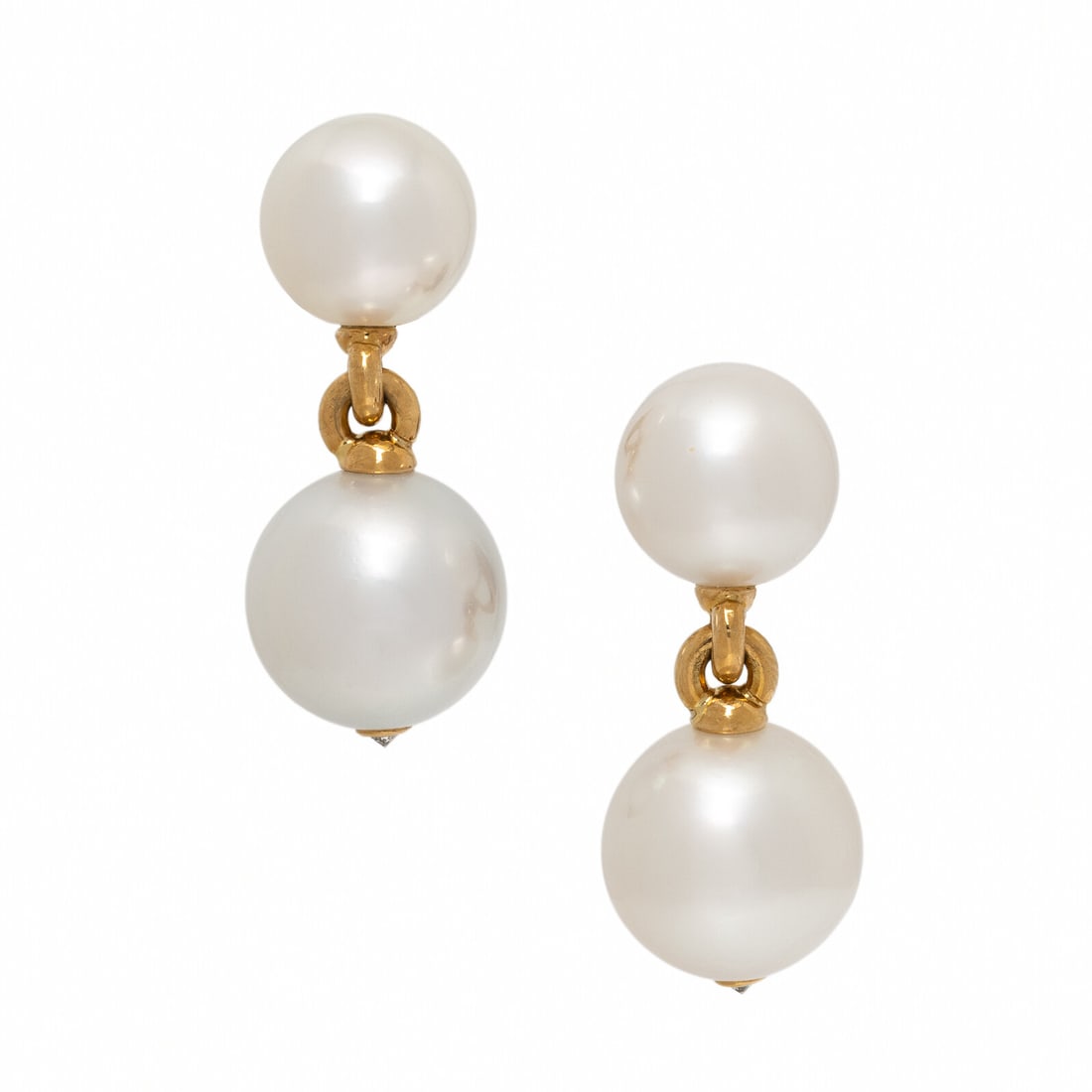 Verdura, Cultured Pearl, Diamond, and Yellow Gold Earrings: Verdura, Cultured Pearl, Diamond, and Yellow Gold Earrings Drop earrings composed of cultured pearls measuring approximately 13.00 - 13.50 and 15.80 - 16.00 mm, the underside of each larger pearl with