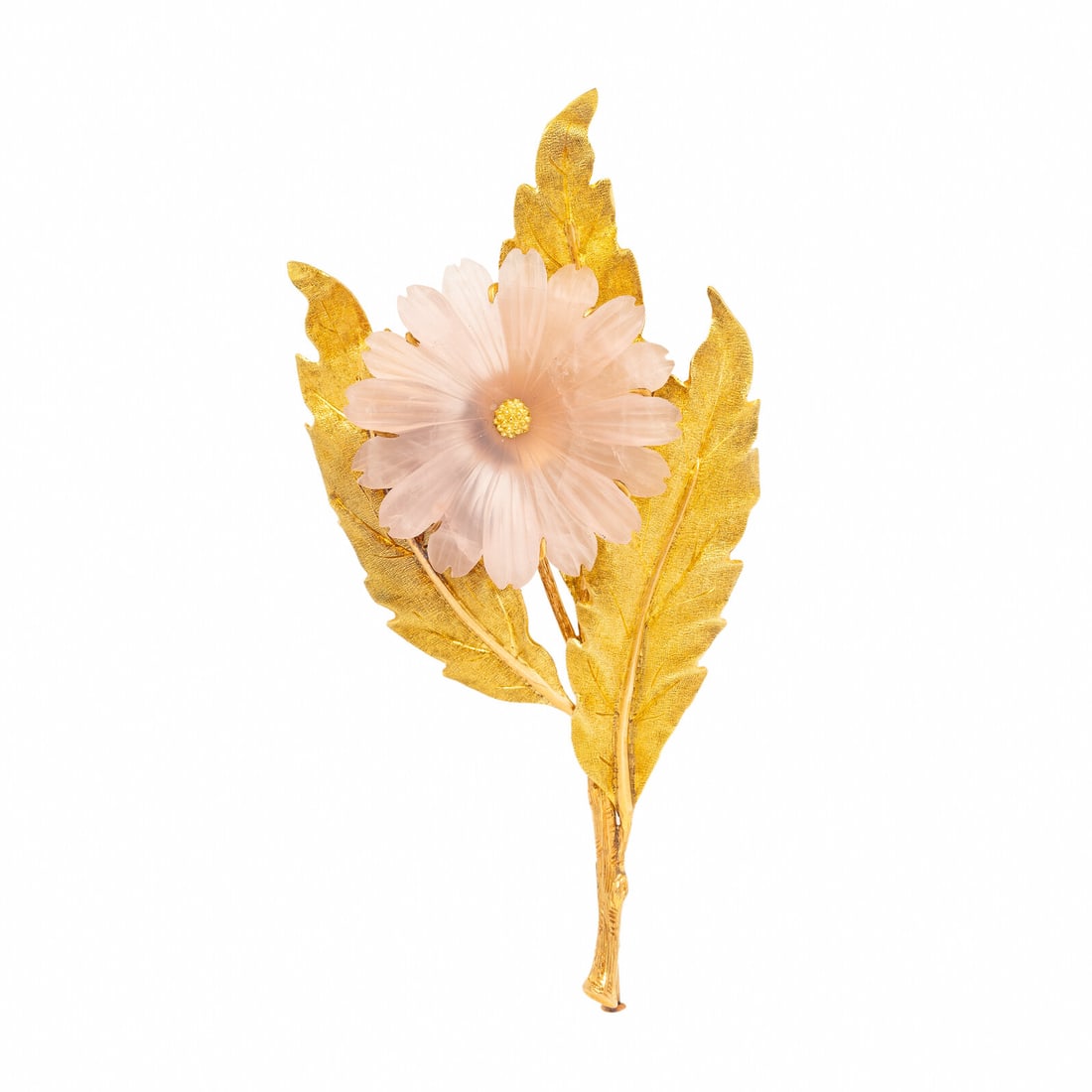 M. Buccellati, Rose Quartz and Yellow Gold Flower Brooch: M. Buccellati, Rose Quartz and Yellow Gold Flower Brooch In a floral design, featuring carved rose quartz flower. Mounted in 18 karat textured yellow gold. 3 5/8 inches long. Engraved: M. Buccellati -