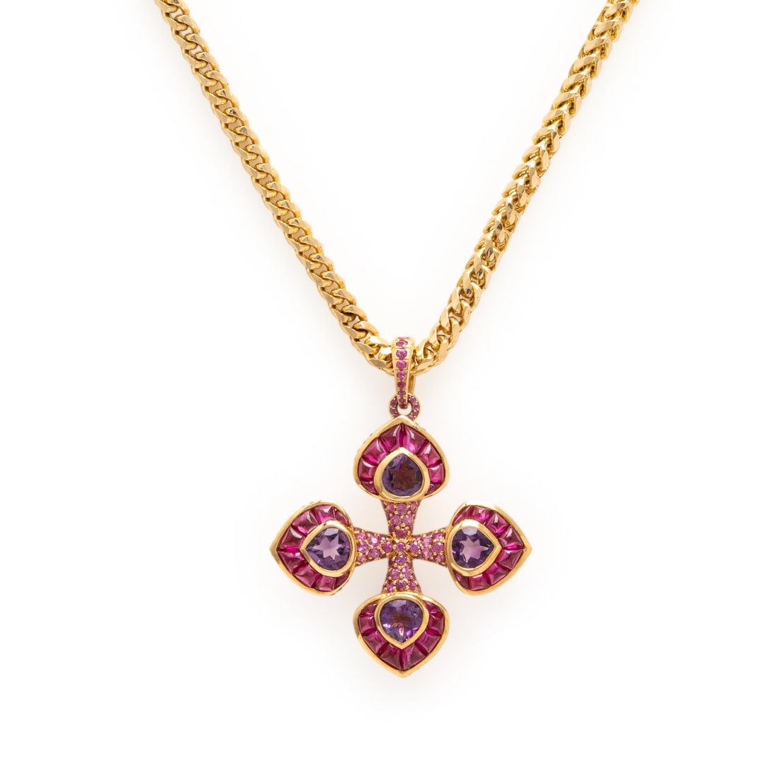 Marina B, Amethyst, Pink Sapphire, and Yellow Gold Cross Pendant Brooch: Marina B, Amethyst, Pink Sapphire, and Yellow Gold Cross Pendant Brooch The pendant in a stylized cross design, set with pear shape amethysts, buff-top cabochon cut pink sapphire, and pavé-set ro