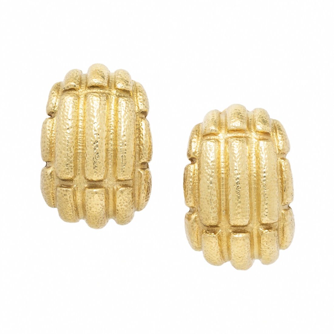 David Webb, Yellow Gold Half Hoop Earrings: David Webb, Yellow Gold Half Hoop Earrings In a high relief basket weave pattern with a hammered finish. 18 karat yellow gold. 1 1/4 inches long. Stamp: WEBB 18K. Gross weight: 44.90 dwt. Property fro