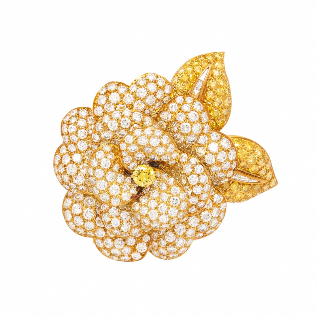 Van Cleef & Arpels, Fancy Vivid Yellow Diamond, Diamond, and Yellow Gold 'Gardenia' Brooch: Van Cleef & Arpels, Fancy Vivid Yellow Diamond, Diamond, and Yellow Gold 'Gardenia' Brooch Designed as a flower, set with a round brilliant cut Fancy Vivid Yellow diamond weighing 0.27 carat, round br