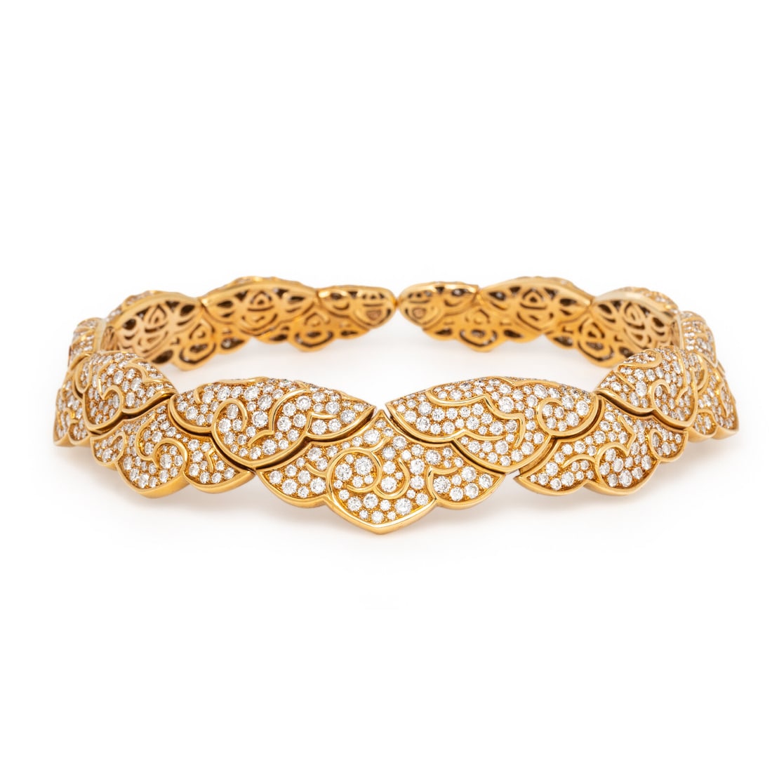 Marina B, Diamond and Yellow Gold 'Esclave' Choker Necklace: Marina B, Diamond and Yellow Gold 'Esclave' Choker Necklace In a scalloped design, pavé-set throughout with round brilliant cut diamonds weighing approximately 32.00 - 34.00 carats total, with fl