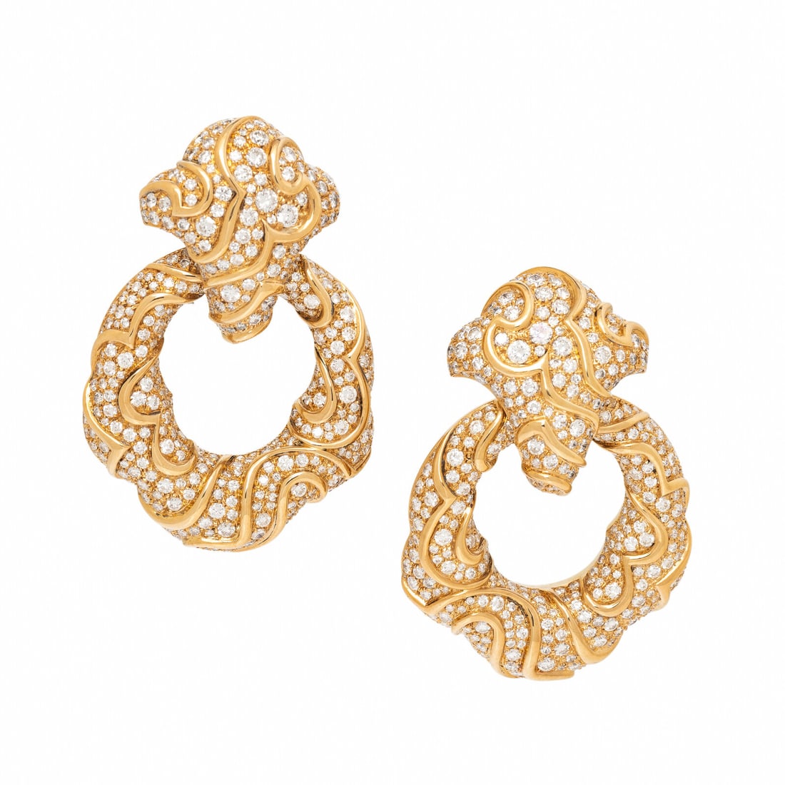 Marina B, Diamond and Yellow Gold 'Onda' Convertible Door Knocker Earrings: Marina B, Diamond and Yellow Gold 'Onda' Convertible Door Knocker Earrings In a scroll design, pavé-set throughout with round brilliant cut diamonds weighing approximately 17.00 - 19.00 carats to