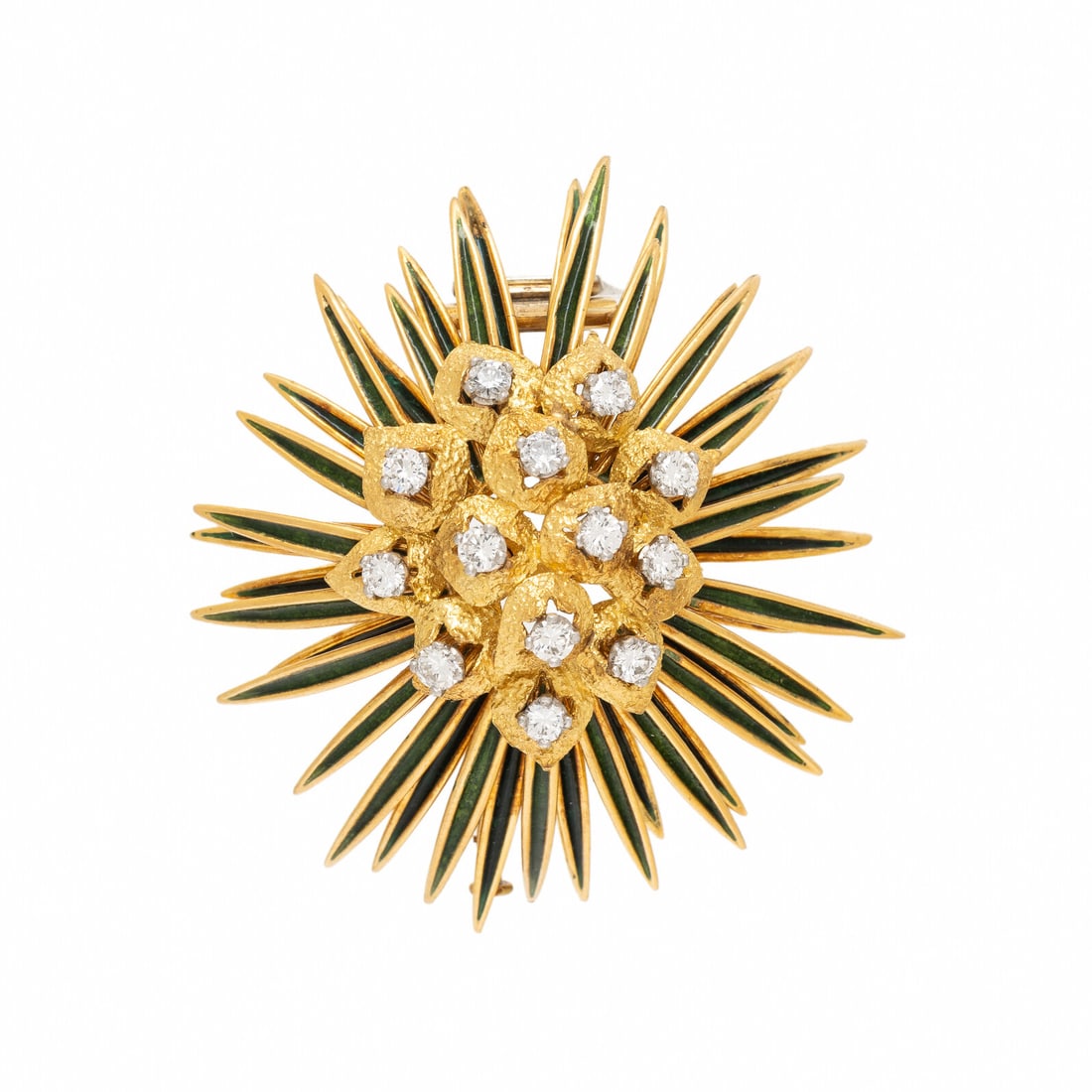 Cartier, France, Yellow Gold, Diamond, and Enamel Brooch: Cartier, France, Yellow Gold, Diamond, and Enamel Brooch In a stylized pine cone design, set with round brilliant cut diamonds weighing approximately 1.20 carats total and green enamel. Mounted in 18 