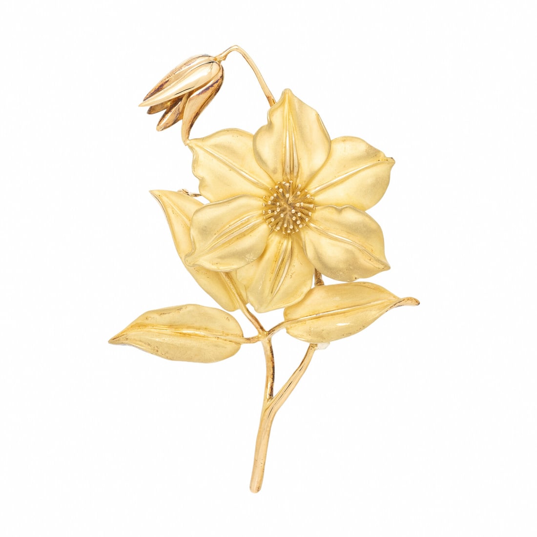 Angela Cummings, Tiffany & Co., Yellow Gold Flower Brooch: Angela Cummings, Tiffany & Co., Yellow Gold Flower Brooch Designed as a flower, with satin finish and bright polish gold. 18 karat yellow gold. 3 3/8 inches long. Stamp: (Angela Cummings maker's mark)