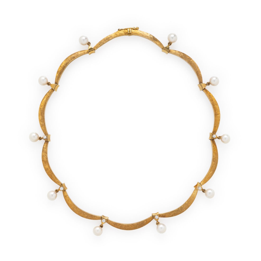 Yellow Gold, Diamond, and Cultured Pearl Necklace: Yellow Gold, Diamond, and Cultured Pearl Necklace Designed with swag-shaped links in a Florentine finish, each suspending a cultured pearl measuring approximately 6.60 - 6.70 mm, and set with round br
