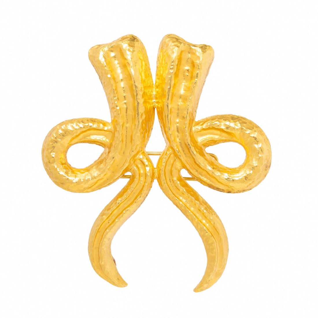 Greek, High Karat Yellow Gold Pendant Brooch: Greek, High Karat Yellow Gold Pendant Brooch In an abstract design with hammered finish, to be worn as a pendant or brooch. 22 karat yellow gold. 3 1/2 x 3 1/8 inches. Stamp: (partially obscured) A7 G
