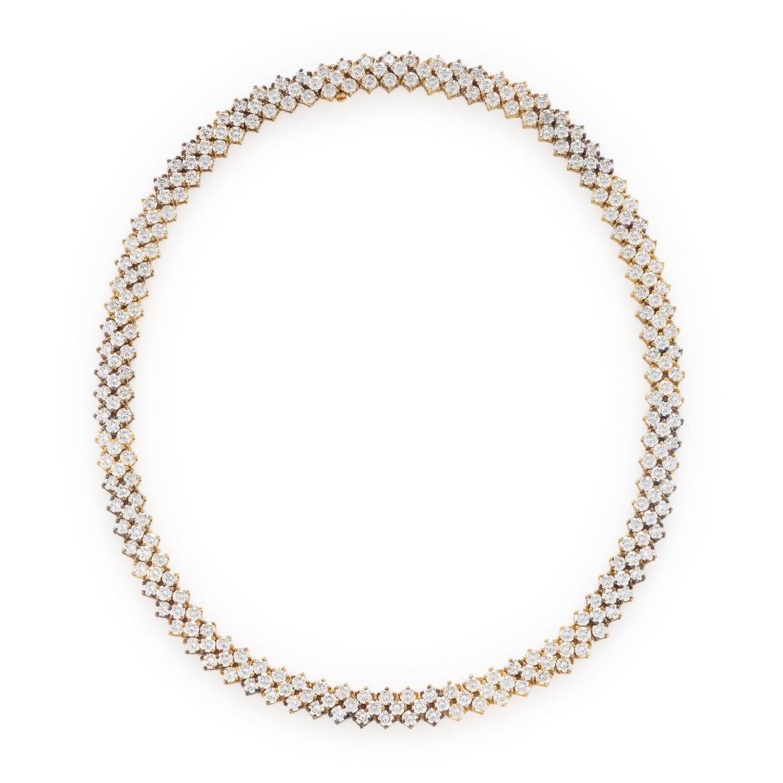 Three Row Diamond and Yellow Gold Necklace: Three Row Diamond and Yellow Gold Necklace Designed with three rows of round brilliant cut diamonds weighing approximately 32.00 carats total. Mounted in 18 karat yellow gold. 16 inches long. Stamp: 7