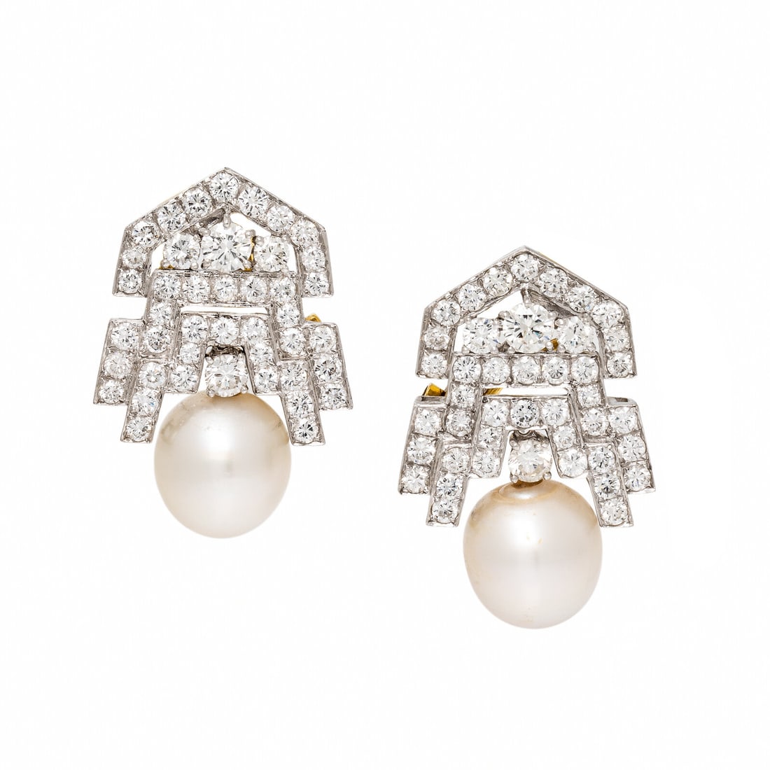 Cultured Pearl, Diamond, and White Gold Earrings: Cultured Pearl, Diamond, and White Gold Earrings In a geometric openwork design, set with round brilliant cut diamonds weighing approximately 5.10 carats total and cultured pearl drops measuring appro