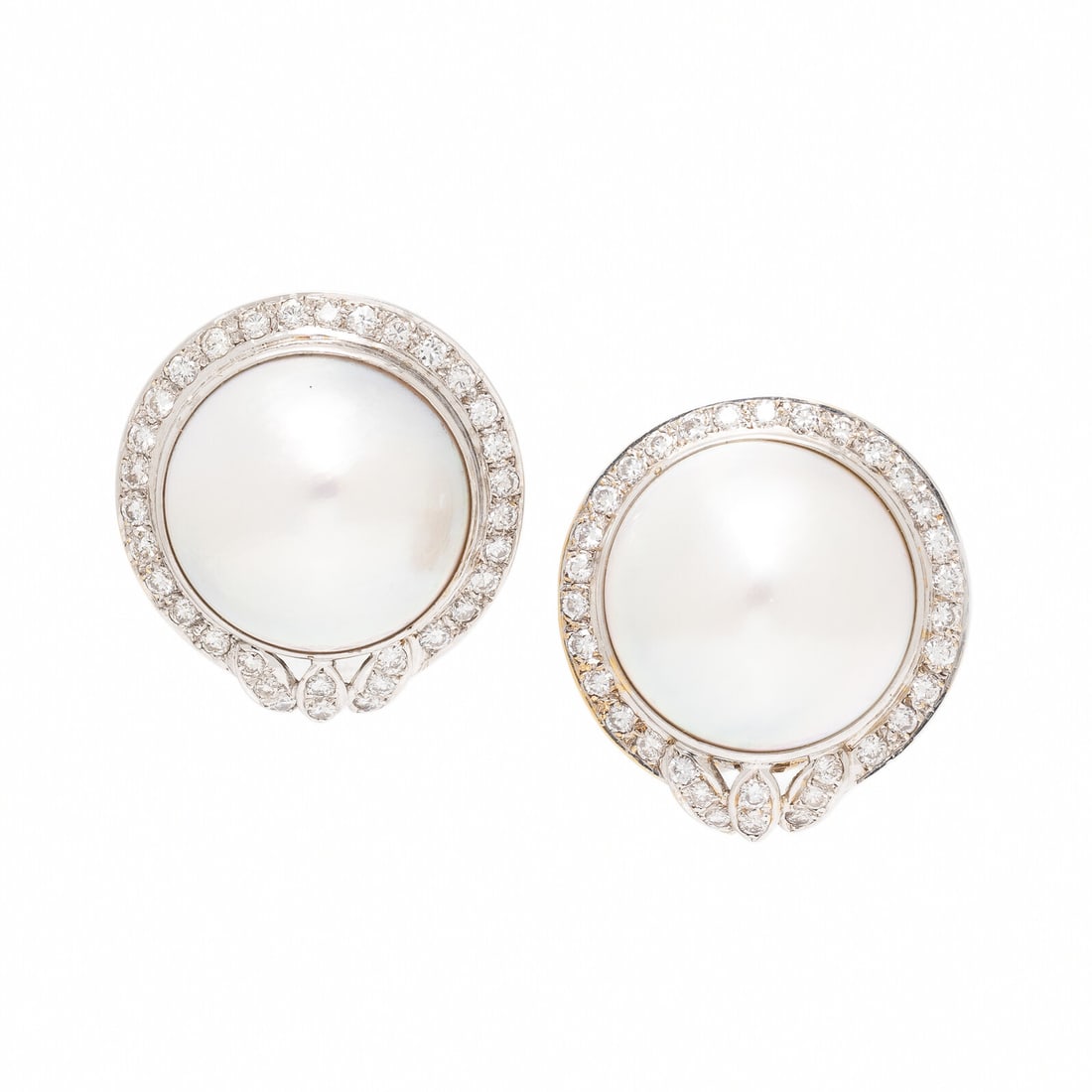 Adler, Mabé Pearl, Diamond, and White Gold Earrings: Adler, Mabé Pearl, Diamond, and White Gold Earrings Set with mabé pearls measuring approximately 18.80 mm, framed by round brilliant cut diamonds weighing approximately 1.35 carats total. Mo