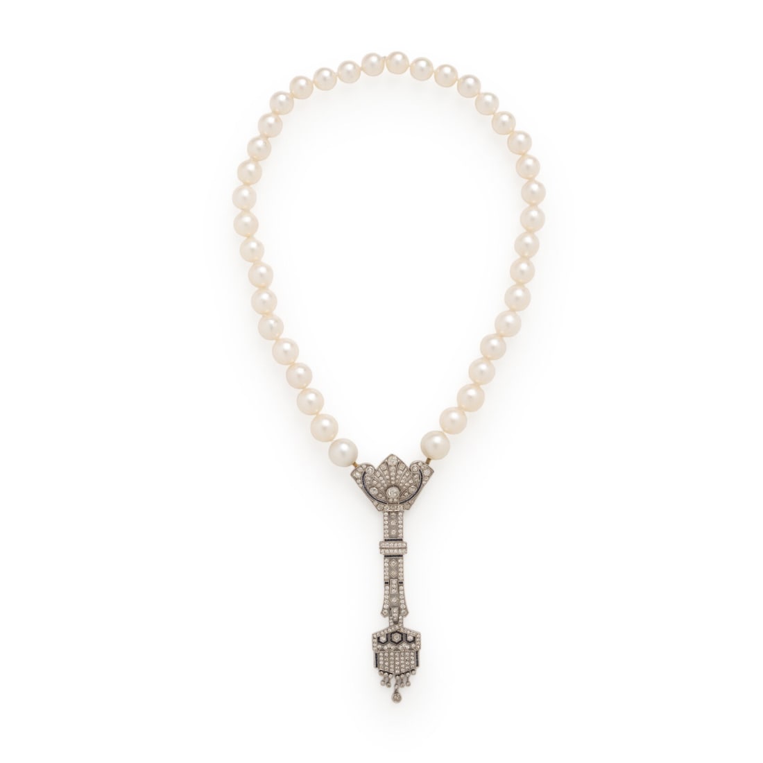 Cultured Pearl, Diamond, and Platinum Necklace: Cultured Pearl, Diamond, and Platinum Necklace Featuring a strand of cultured pearls measuring approximately 10.15 - 12.35 mm, centering a pendant of openwork plaques set with transitional, old Europe