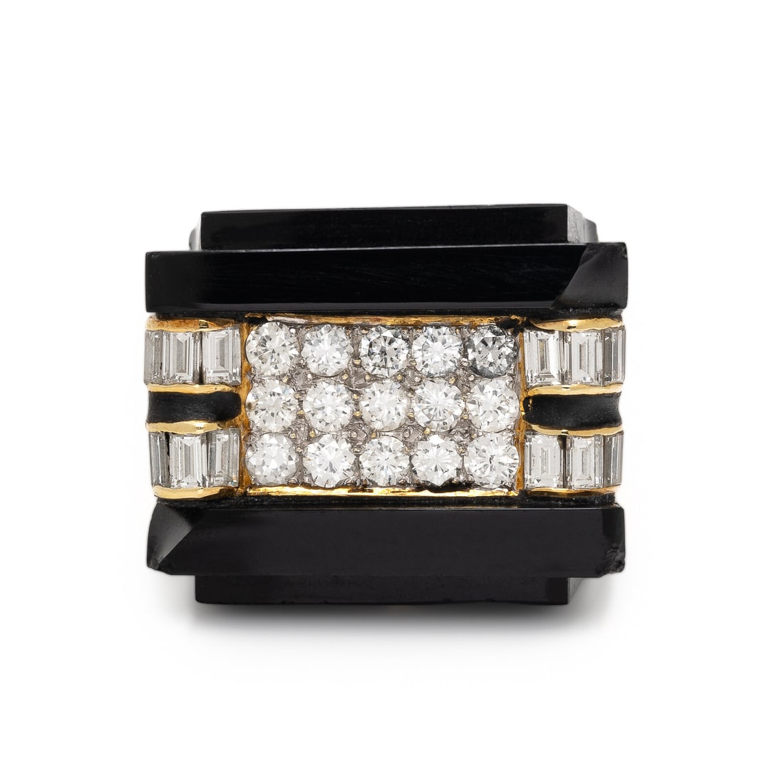 Diamond, Onyx, and Yellow Gold Ring: Diamond, Onyx, and Yellow Gold Ring In a geometric design, with black onyx, and round brilliant and baguette cut diamonds weighing approximately 2.15 carats total. Mounted in yellow gold. Ring size 5.
