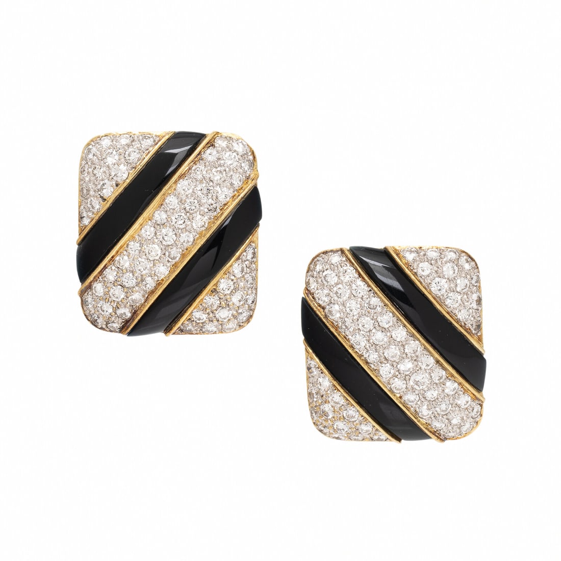 Diamond, Onyx, and Yellow Gold Earrings: Diamond, Onyx, and Yellow Gold Earrings In a geometric design, with bands of black onyx and round brilliant cut diamonds weighing approximately 3.75 carats total. Mounted in 18 karat yellow gold. 1 in