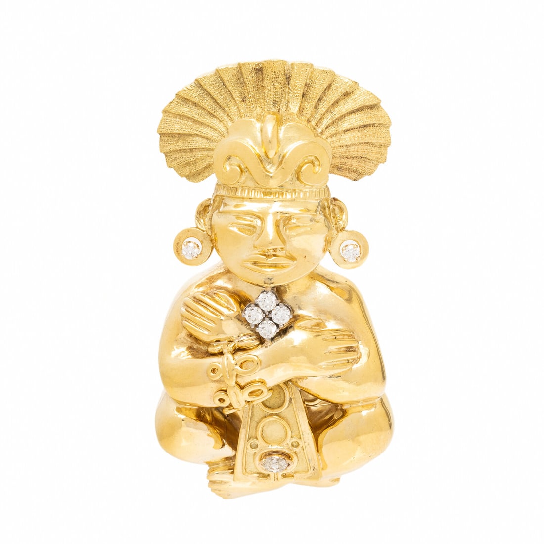 Yellow Gold and Diamond Figural Pendant Brooch: Yellow Gold and Diamond Figural Pendant Brooch Seated figure, accented by round brilliant and marquise cut diamonds. Yellow gold. 3 x 1 1/2 inches. Gross weight: 52.15 dwt. Property from the Estate of