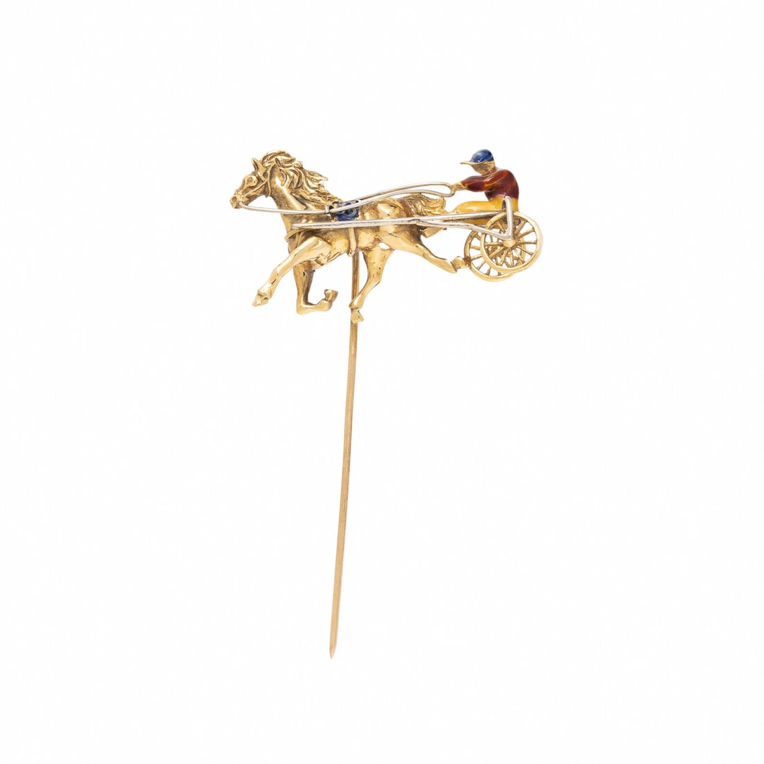Gold and Enamel Horse and Jockey Stick Pin: Gold and Enamel Horse and Jockey Stick Pin Designed as a harness racing horse and jockey, set with red, yellow, and blue enamel. 18 karat yellow gold. 1 5/8 inches wide. Stamp: (Italian maker's mark) 