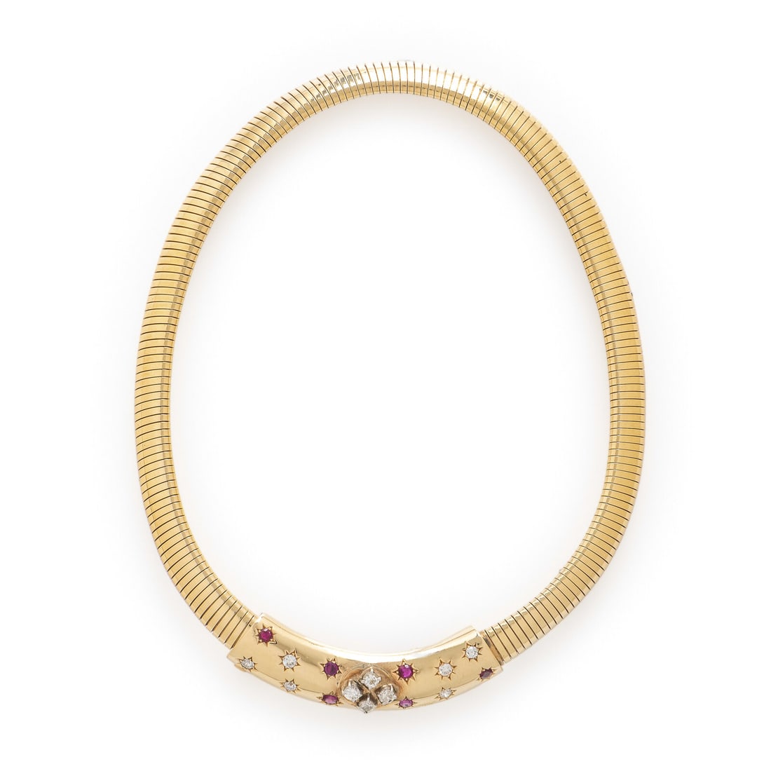 Diamond, Ruby, and Yellow Gold Tubogas Necklace: Diamond, Ruby, and Yellow Gold Tubogas Necklace The stationary slide pendant set with transitional cut diamonds weighing approximately 1.00 carat total and round rubies mounted in starburst motifs, af