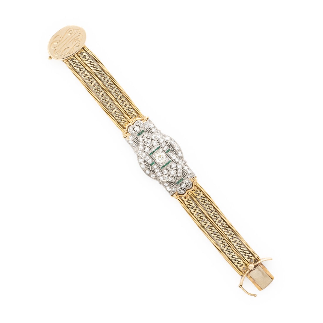Diamond, Emerald, Platinum, and Yellow Gold Bracelet (1 of 2)