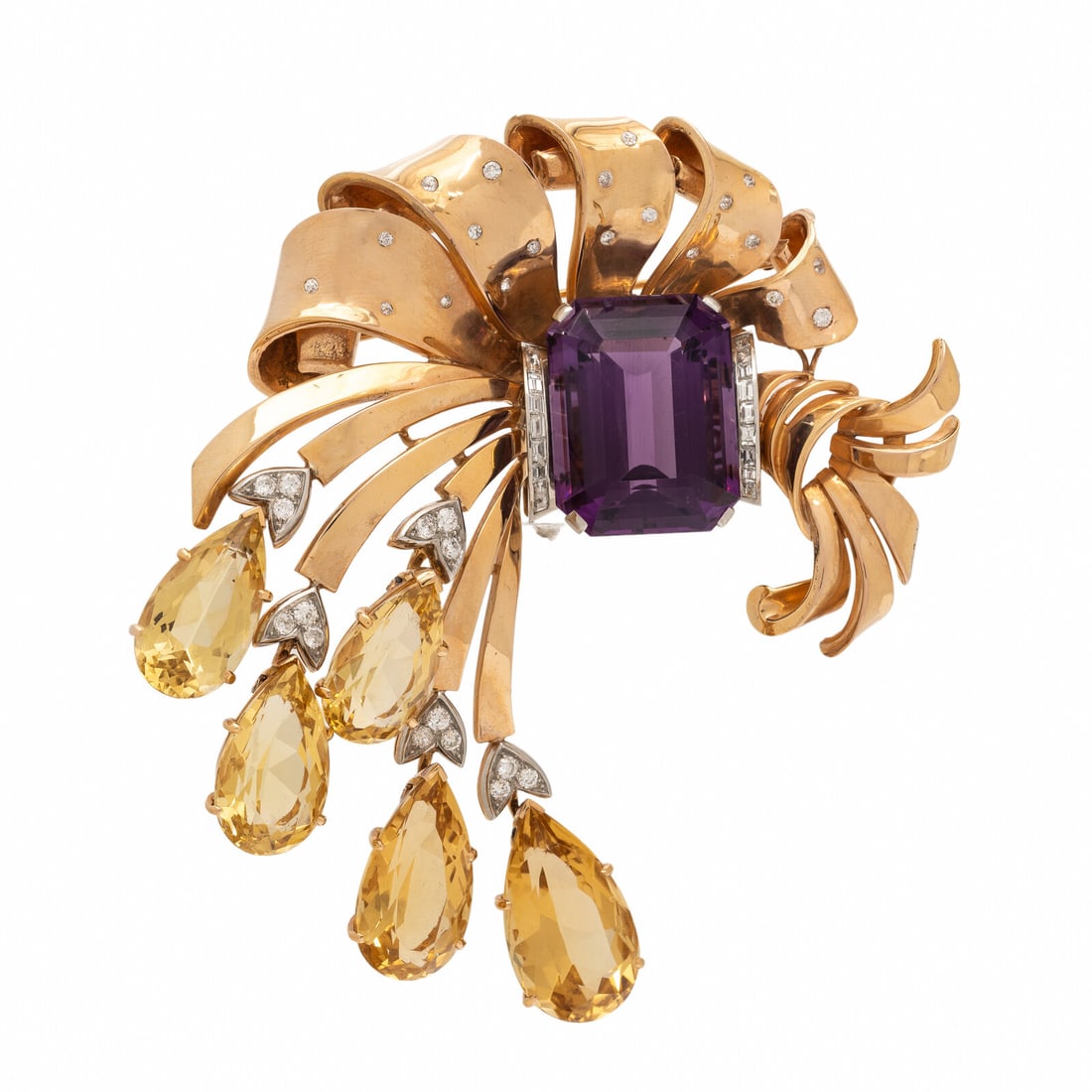 Retro, Amethyst, Citrine, Diamond, and Rose Gold Brooch: Retro, Amethyst, Citrine, Diamond, and Rose Gold Brooch Featuring an emerald cut amethyst weighing approximately 44.00 carats by formula, pear shape citrines weighing approximately 49.50 carats total 