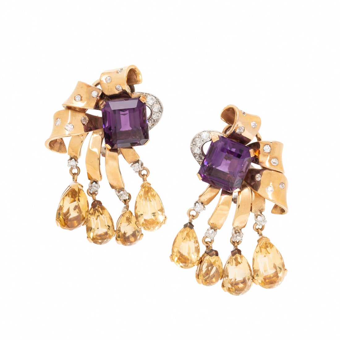 Retro, Amethyst, Citrine, Diamond, and Rose Gold Earrings: Retro, Amethyst, Citrine, Diamond, and Rose Gold Earrings Featuring emerald cut amethysts weighing approximately 10.20 carats total by formula, pear shape citrines, and old European and single cut dia
