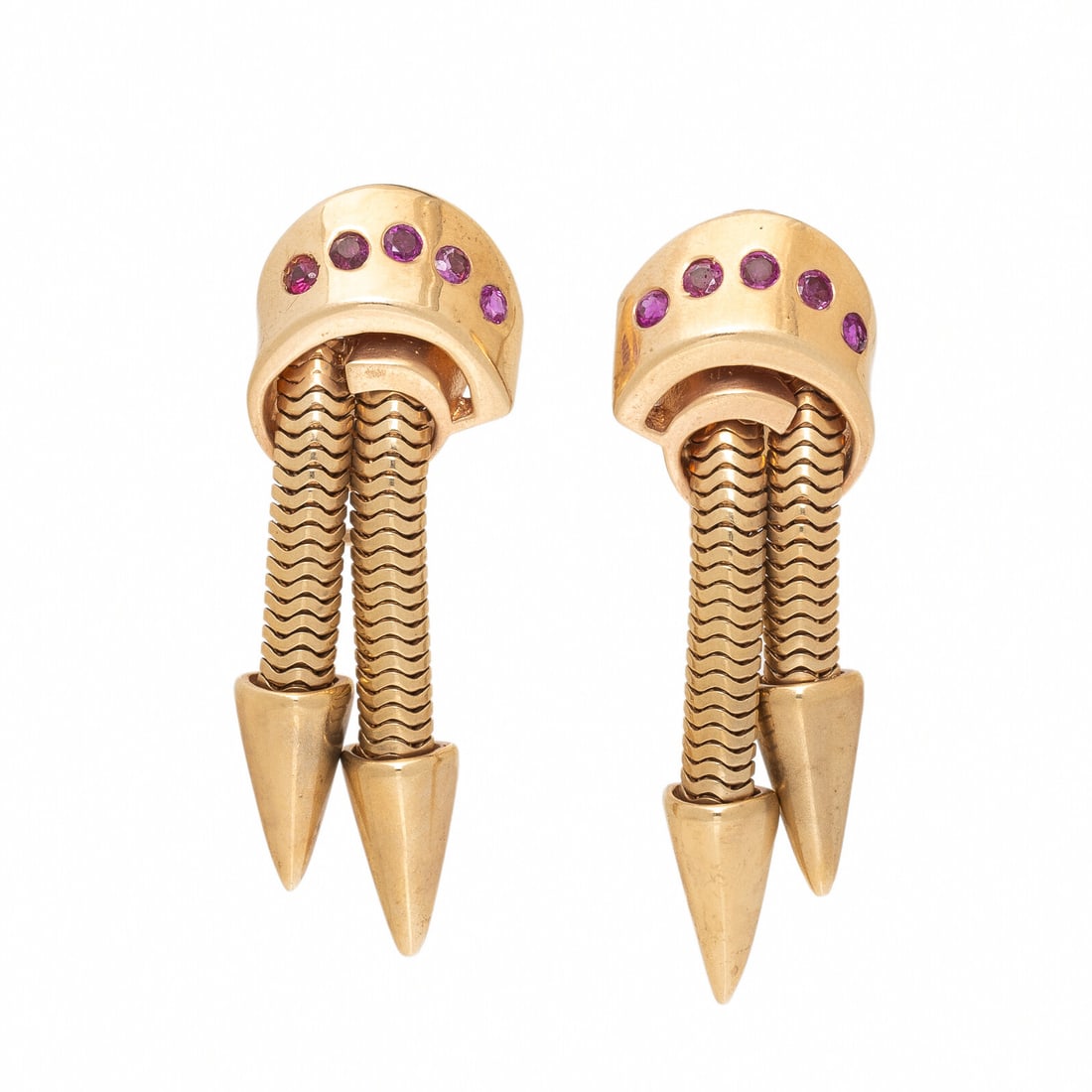 Retro, Yellow Gold and Ruby Earrings: Retro, Yellow Gold and Ruby Earrings Designed with flexible link tassels and set with round rubies. Mounted in 14 karat yellow gold. 2 1/8 inches long. Stamp: 14K. Gross weight: 19.30 dwt. Property fr