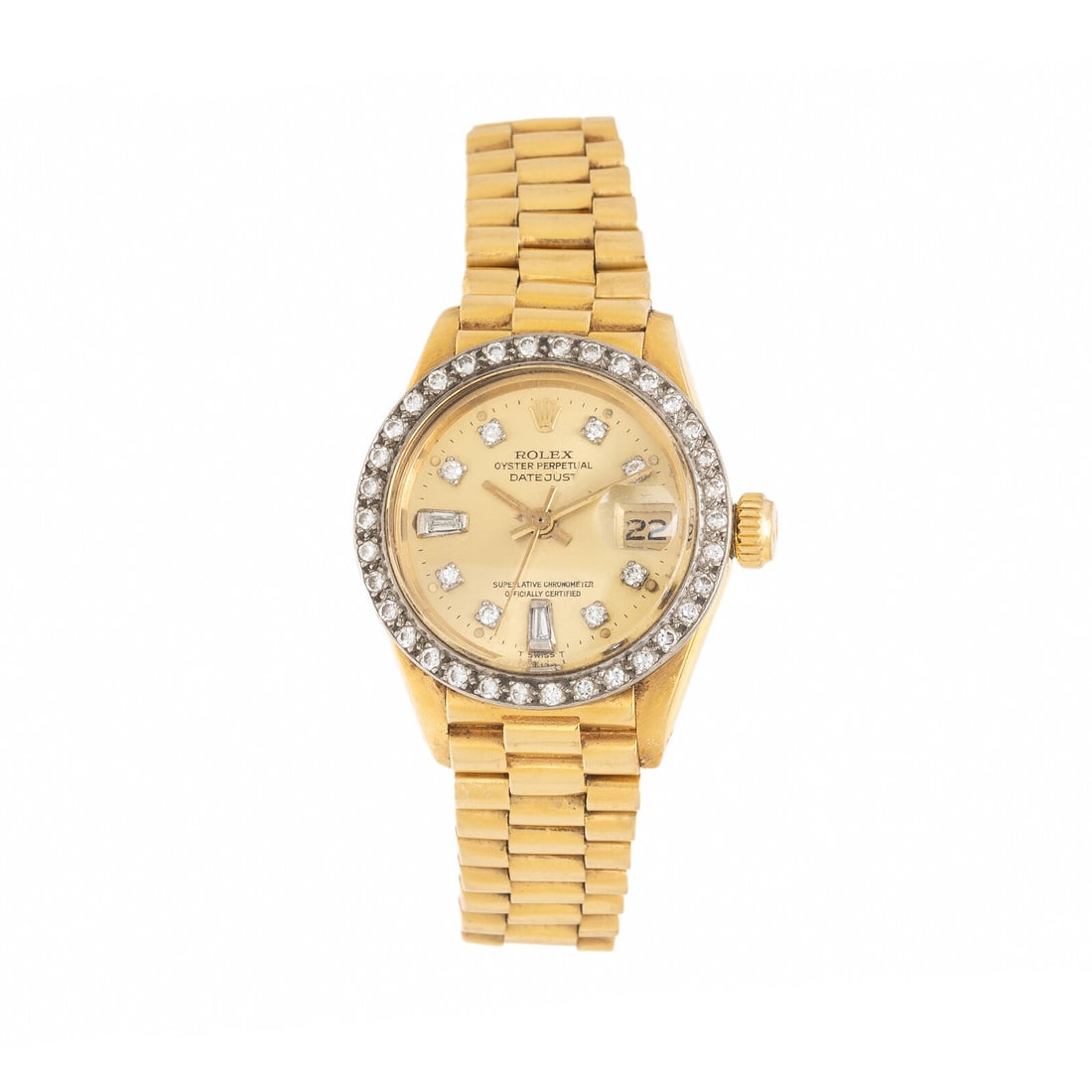Rolex, Diamond and 18K Yellow Gold 'Datejust' Watch: Rolex, Diamond and 18K Yellow Gold 'Datejust' Watch Maker: Rolex Model: Datejust Reference number: 6916 Serial number: 6007087 Year: Circa 1979 Case size: Approx. 26 mm Case material: 18K yellow gold 