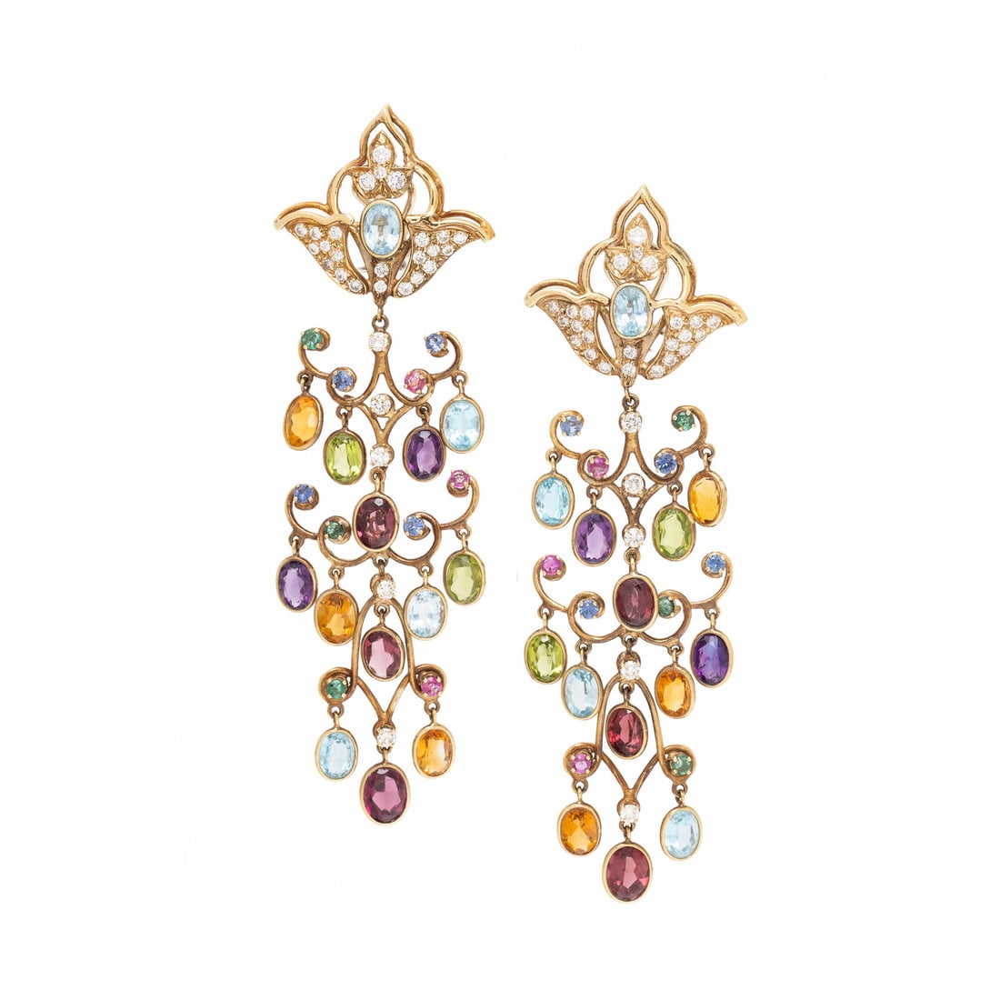 Multigem, Diamond, and Yellow Gold Chandelier Earrings: Multigem, Diamond, and Yellow Gold Chandelier Earrings In a chandelier design, set with round brilliant cut diamonds weighing approximately 1.95 carats total, round rubies, emeralds, and sapphires, su