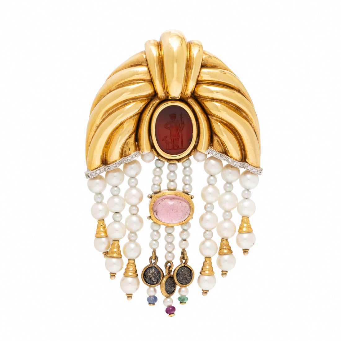 Cultured Pearl, Multigem, and Yellow Gold Brooch: Cultured Pearl, Multigem, and Yellow Gold Brooch Featuring a carnelian intaglio measuring approximately 14.80 x 10.85 x 2.25 mm, round brilliant cut diamonds, and nine strands of cultured pearls measu