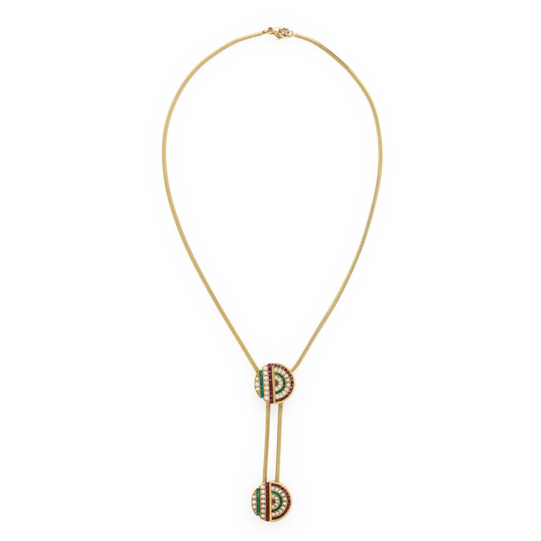 Diamond, Ruby, Emerald, and Yellow Gold Necklace: Diamond, Ruby, Emerald, and Yellow Gold Necklace Featuring two round pendants, set with round brilliant cut diamonds weighing approximately 2.70 carats total, and round emeralds and rubies. Mounted in