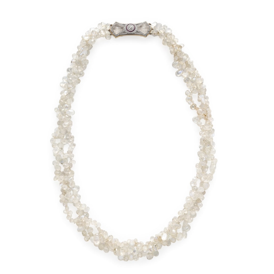 Moonstone, Carved Rock Crystal, Synthetic Ruby, and Diamond Beaded Necklace: Moonstone, Carved Rock Crystal, Synthetic Ruby, and Diamond Beaded Necklace Featuring three strands of faceted moonstone beads and a plaque set with carved rock crystal, calibré-cut synthetic rub