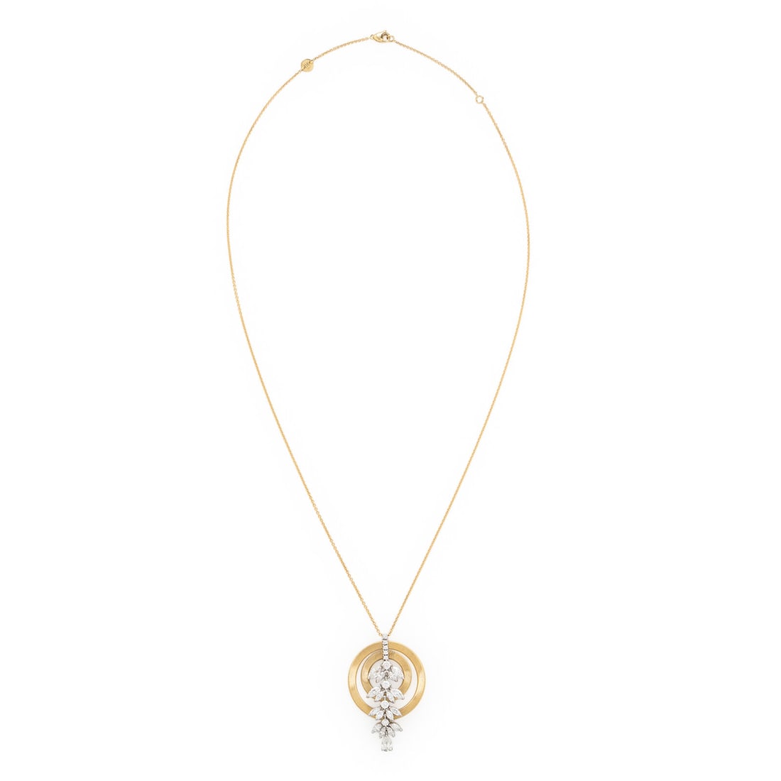 Marco Bicego, Diamond and Yellow Gold Pendant Necklace: Marco Bicego, Diamond and Yellow Gold Pendant Necklace Featuring a cascade of pear shape, round brilliant, and marquise cut diamonds weighing approximately 4.80 - 5.20 carats total arranged in a penda