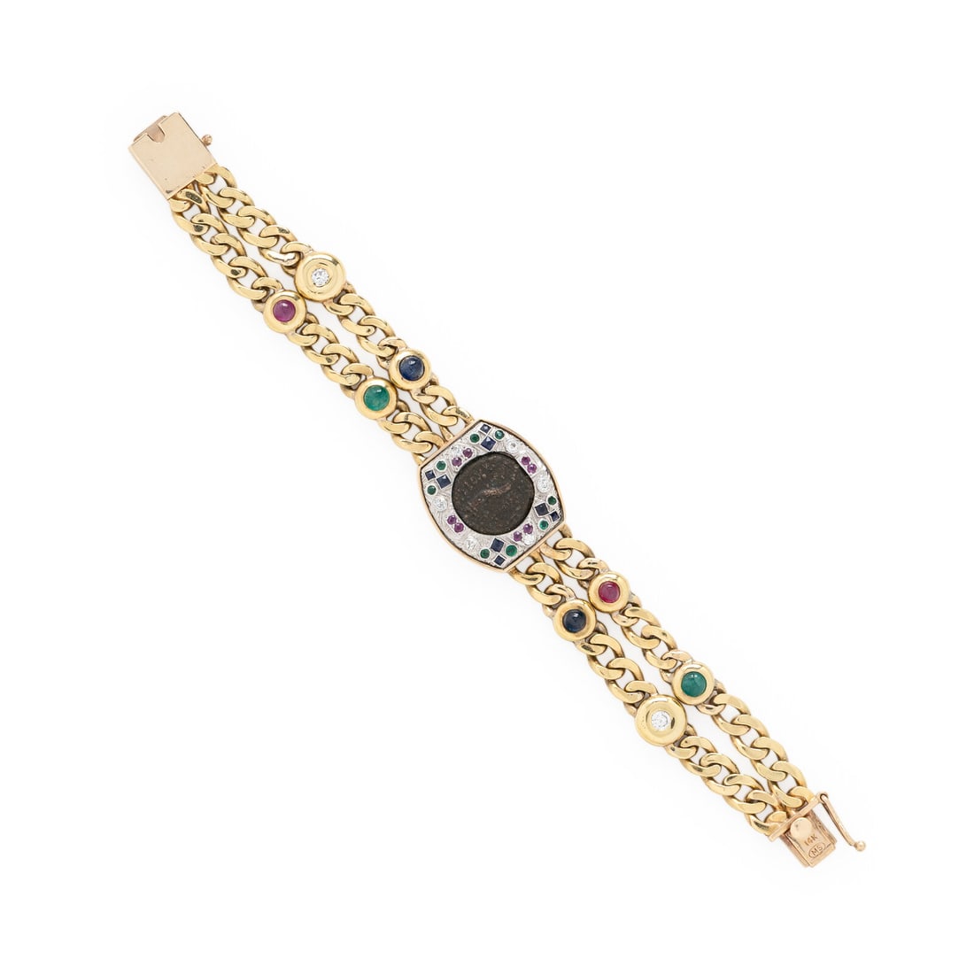 Multigem, Coin, and Yellow Gold Bracelet: Multigem, Coin, and Yellow Gold Bracelet Round cabochon and round emeralds and rubies, round and French cut sapphires, round brilliant cut diamonds, and a coin. 14 karat yellow and white gold. 6 1/4 i