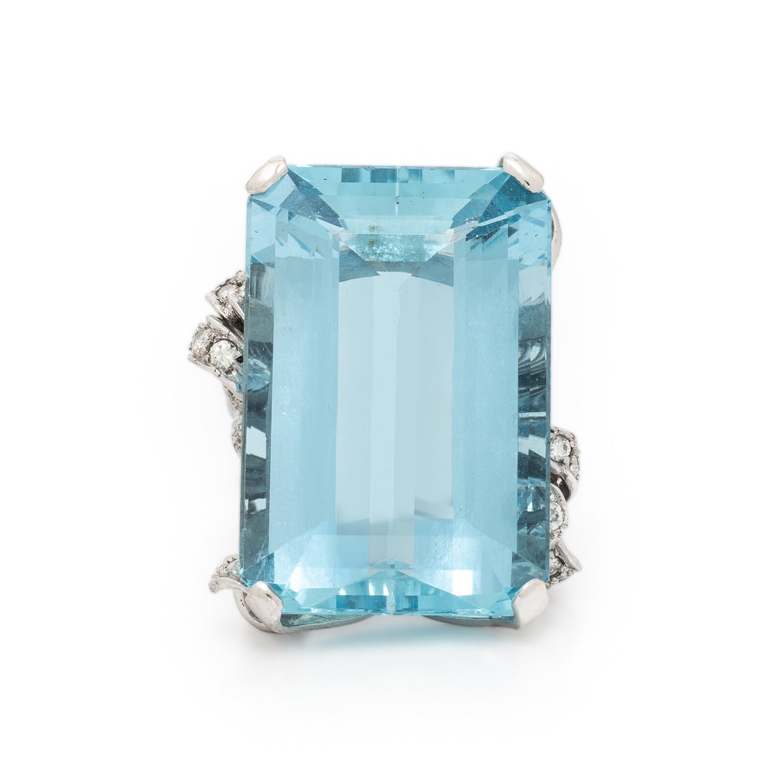 Nadja Buckley, Retro, Aquamarine, Diamond, and White Gold Ring: Nadja Buckley, Retro, Aquamarine, Diamond, and White Gold Ring Featuring an emerald cut aquamarine weighing approximately 49.60 carats by formula and round brilliant cut diamonds weighing approximatel