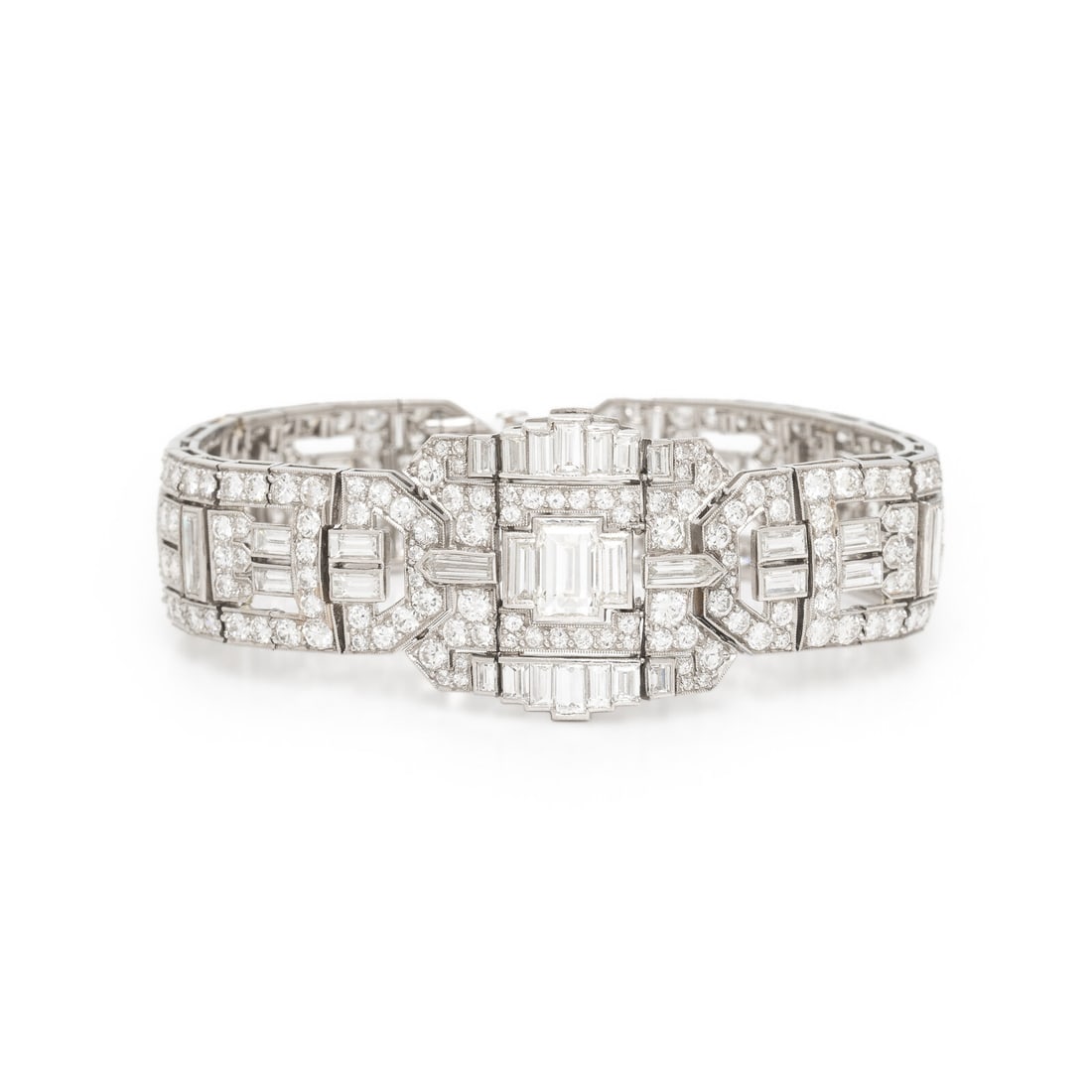 Art Deco, Platinum and Diamond Bracelet: Art Deco, Platinum and Diamond Bracelet Featuring round brilliant, bullet shape, transitional, baguette, and marquise cut diamonds weighing approximately 13.00 - 15.00 carats total. Mounted in platinu