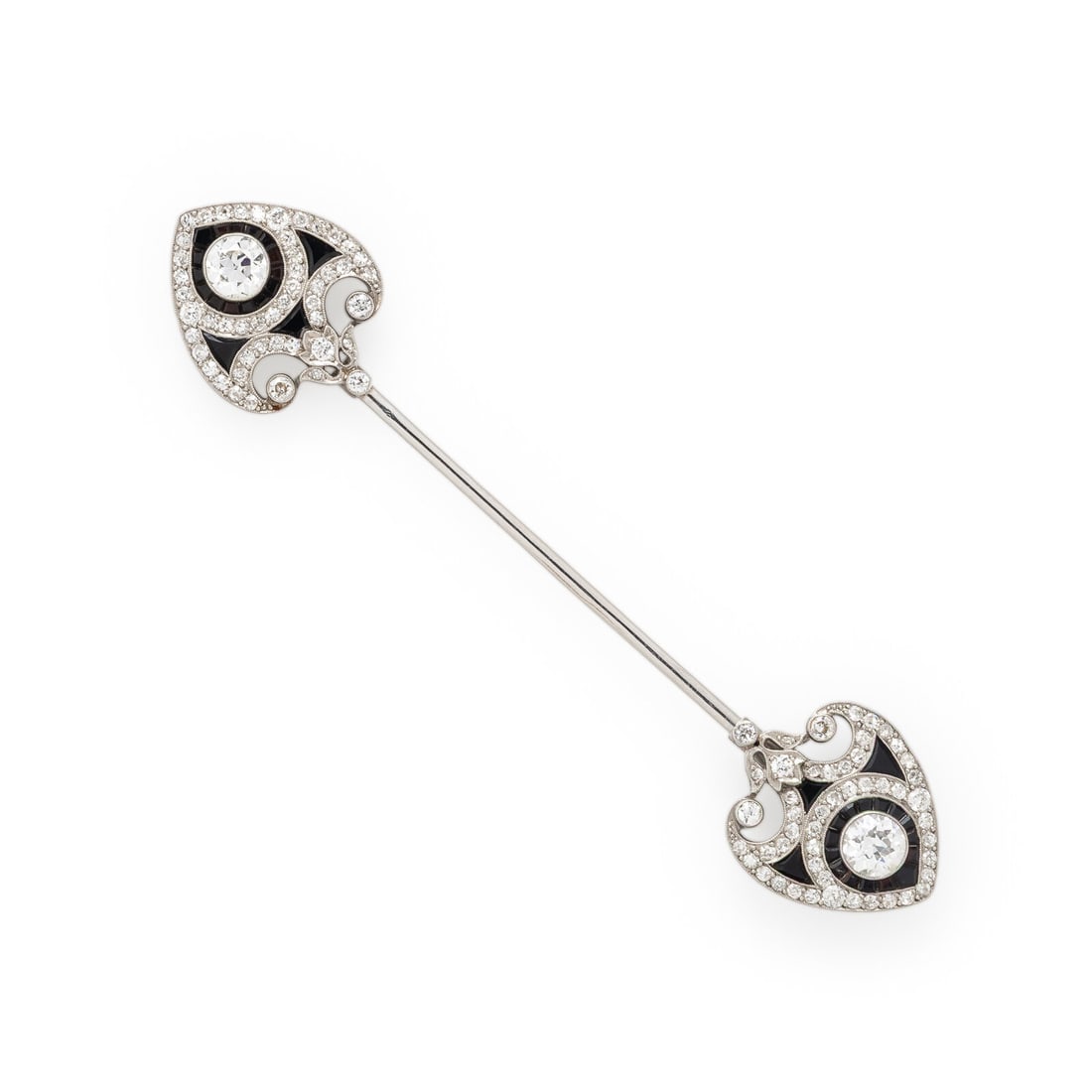 Art Deco, French, Diamond, Onyx, and Platinum Jabot: Art Deco, French, Diamond, Onyx, and Platinum Jabot Designed with calibré-cut onyx and transitional, old European, and single cut diamonds weighing approximately 4.55 carats total. Mounted in pla