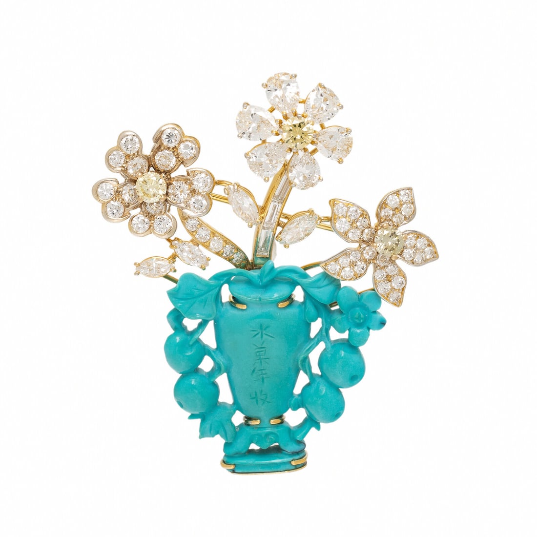 Ruser, Carved Turquoise, Diamond, and Colored Diamond Giardinetto Brooch (1 of 2)