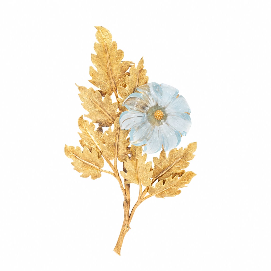 M. Buccellati, Carved Aquamarine and Yellow Gold Flower Brooch: M. Buccellati, Carved Aquamarine and Yellow Gold Flower Brooch In a textured foliate design, featuring carved aquamarine flower. Mounted in 18 karat yellow gold. 4 inches long. Engraved: 96 - ITALY 75