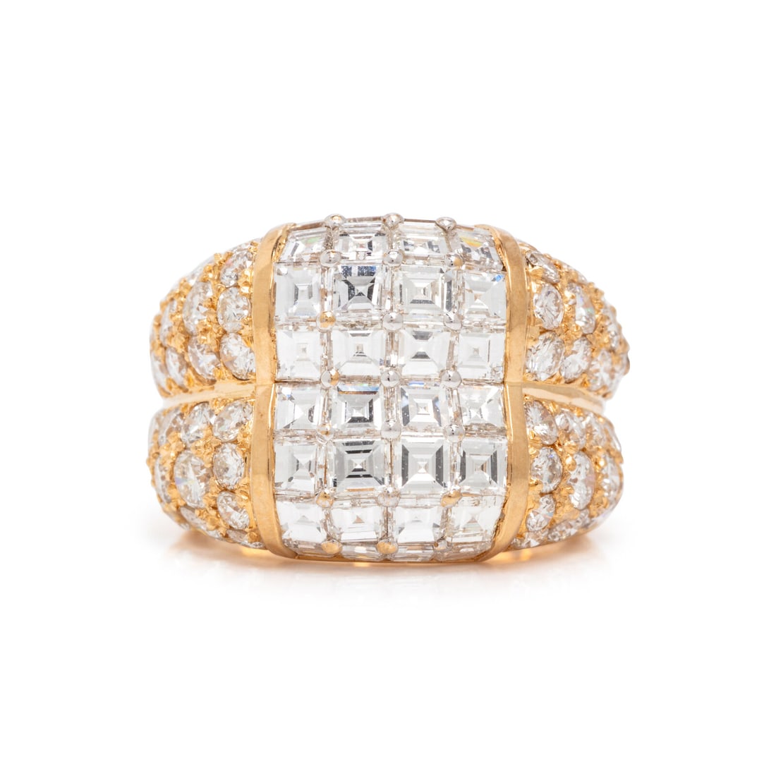 Diamond and Yellow Gold Ring: Diamond and Yellow Gold Ring In a double band style, set with square step cut and round brilliant cut diamonds weighing approximately 6.15 carats total. Mounted in yellow gold. Ring size 5 1/2. Gross 