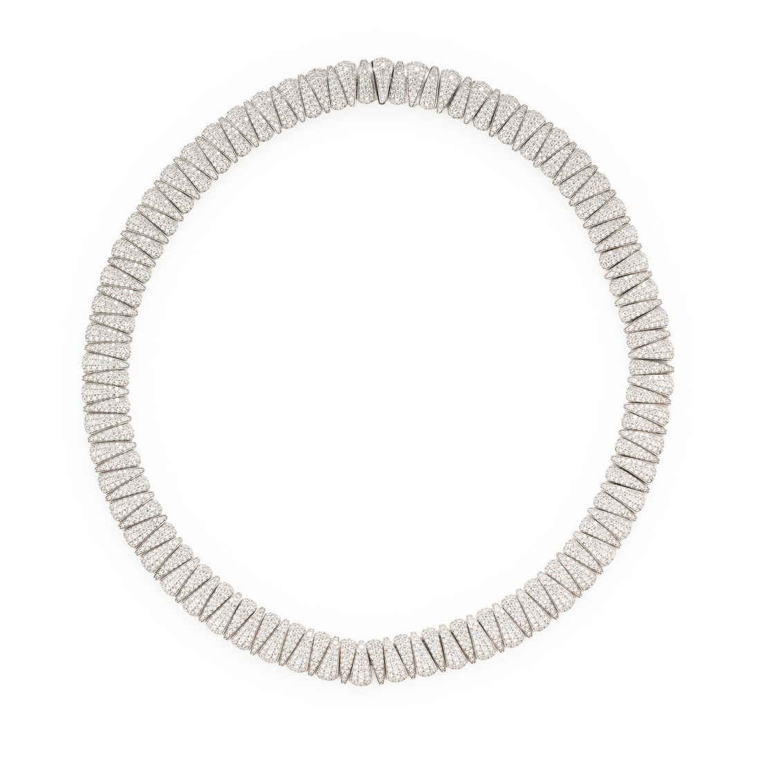 Diamond and White Gold Collar Necklace: Diamond and White Gold Collar Necklace Flexibly constructed with links pavé-set with round brilliant cut diamonds weighing approximately 23.00 - 25.00 carats total. Mounted in 18 karat white gold