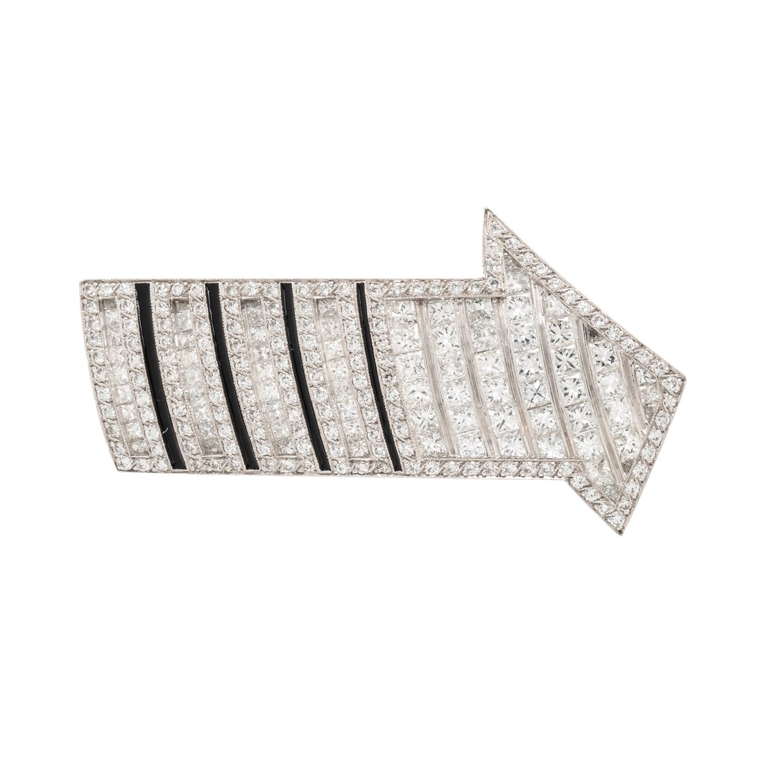 Diamond, Enamel, and Platinum Arrow Brooch: Diamond, Enamel, and Platinum Arrow Brooch Designed as an arrow, set with round brilliant and princess cut diamonds weighing approximately 8.00 - 10.00 carats total and black enamel. Mounted in platin