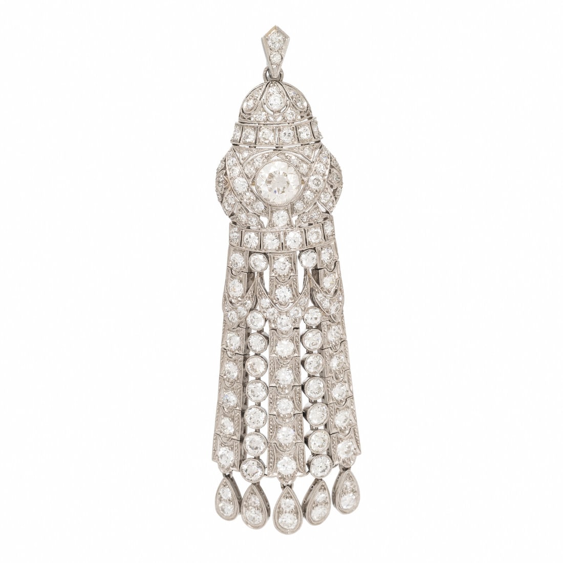 Diamond Tassel Pendant Brooch: Diamond Tassel Pendant Brooch Featuring old European, transitional, and single cut cut diamonds weighing approximately 8.00 - 10.00 carats total, to be worn as a brooch or pendant. Mounted in platinum