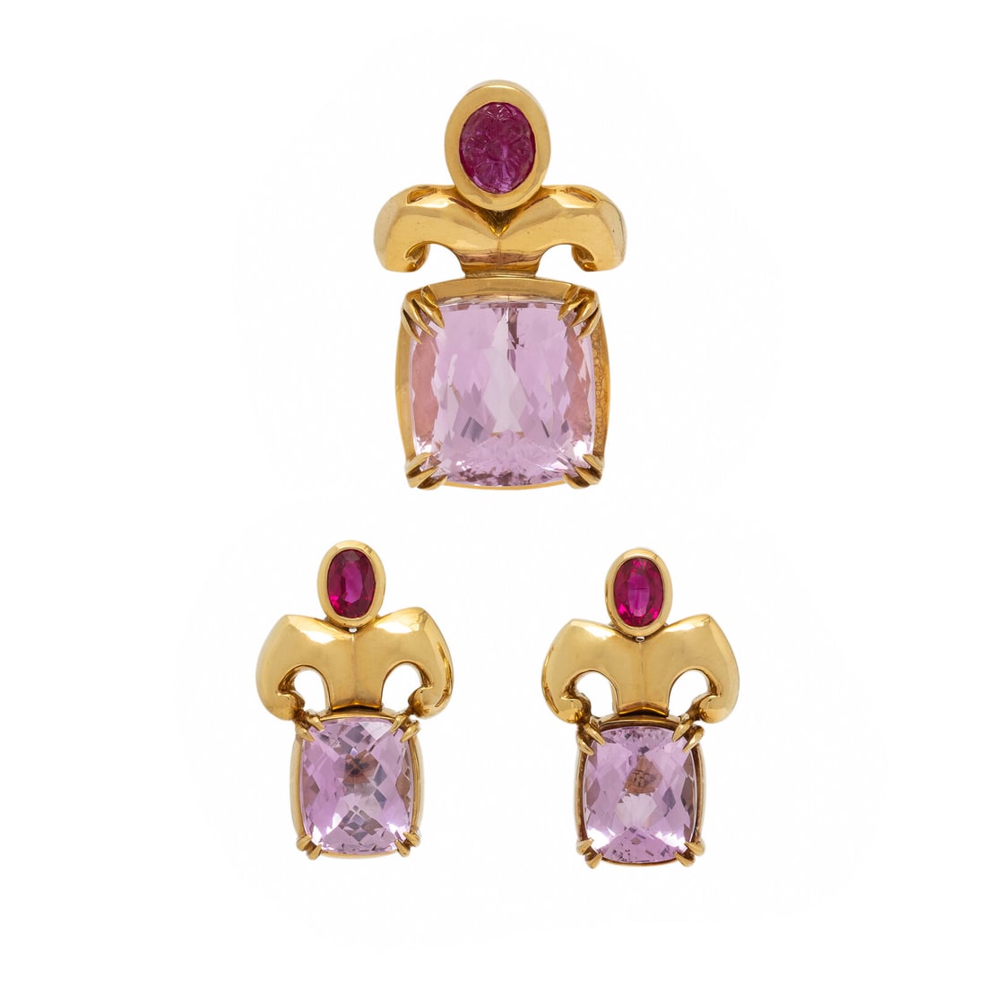 Kunzite, Ruby, and Yellow Gold Pendant and Earrings (1 of 2)