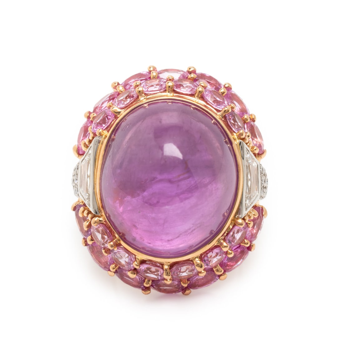 Pink Ceylon Sapphire, Diamond, Rose Gold, and Platinum Ring: Pink Ceylon Sapphire, Diamond, Rose Gold, and Platinum Ring Featuring an oval double cabochon pink sapphire weighing approximately 45.00 carats by formula, bezel-set with additional oval pink sapphire