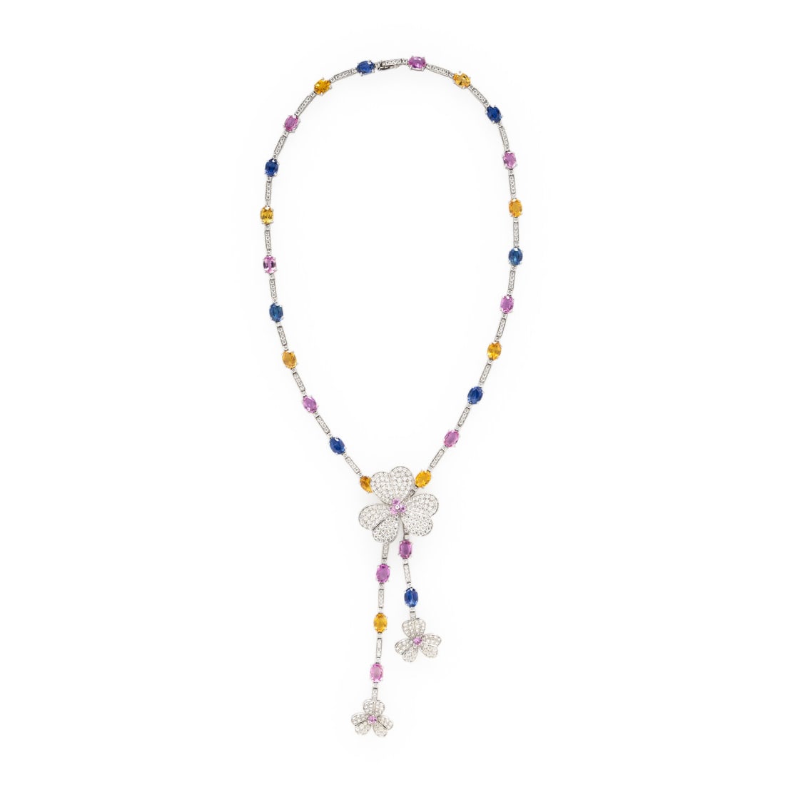 Multi Color Sapphire and Diamond Clover Lavalier Necklace (1 of 2)