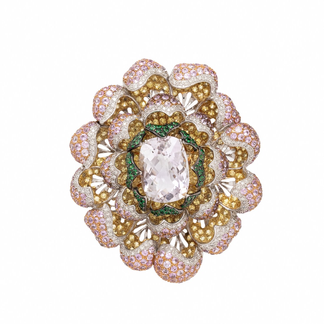 Rose Quartz, Diamond, Sapphire, and Tricolor Gold Flower Pendant Brooch (1 of 2)